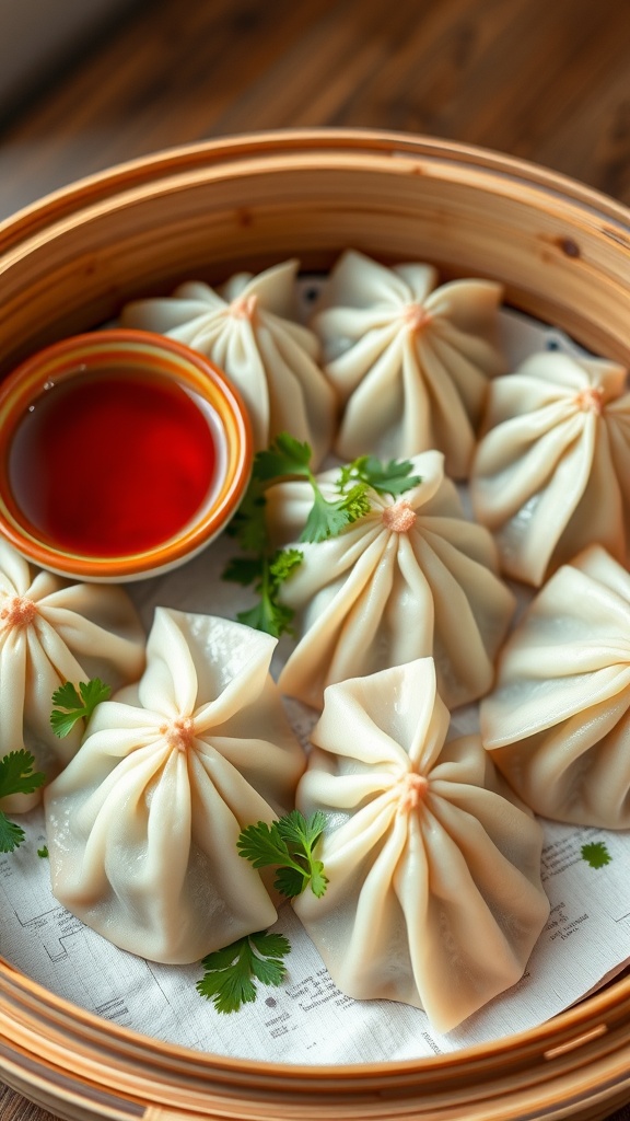 Vegan Xiao Long Bao dumplings on a bamboo steamer with dipping sauce.